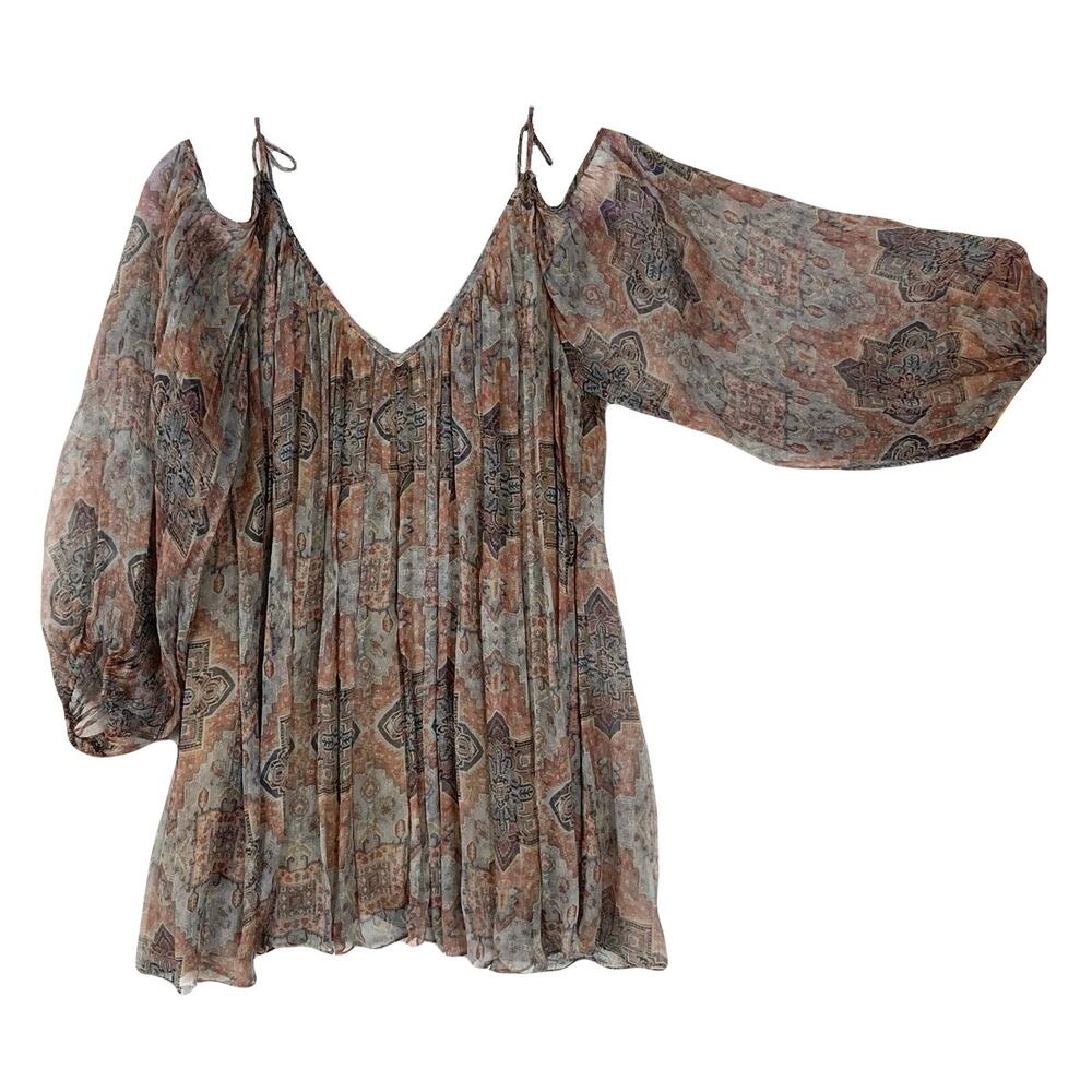 NWOT ZIMMERMANN Blouse 0/XS Silk Chiffon”Harlequin Heriz”V Balloon ColdShoulder - Picture 2 of 11